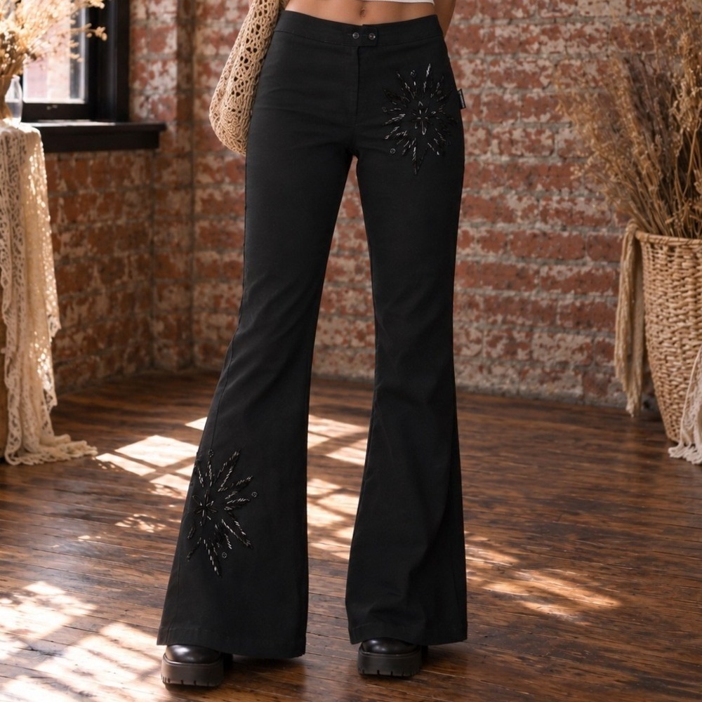 Vintage Black Beaded Flare Pants Bell Bottoms Celestial 90s Whimsigoth Witchy